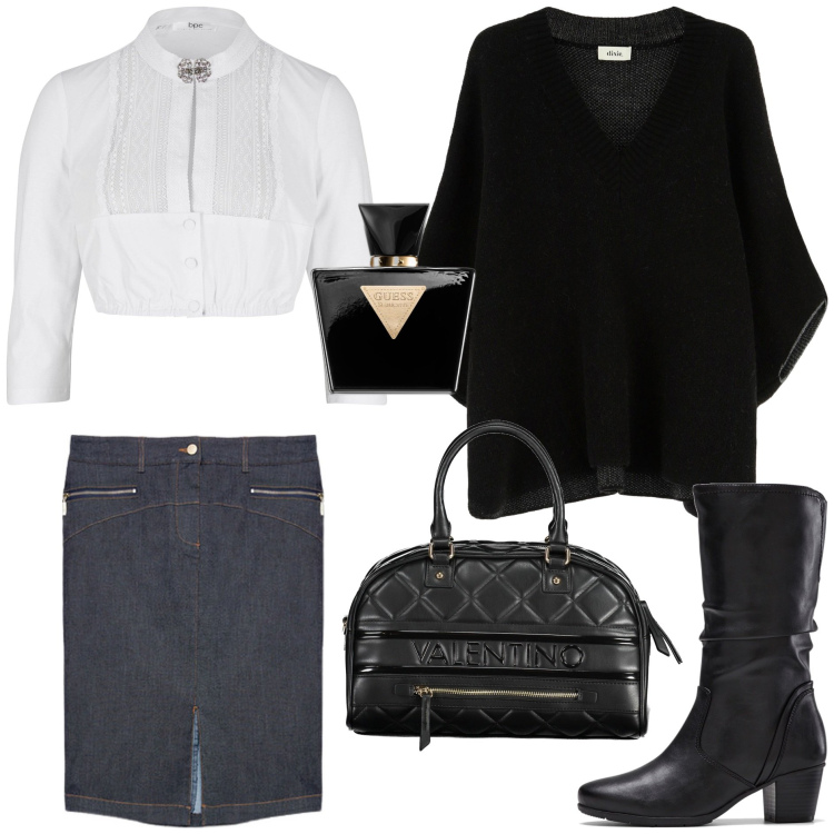 Outfit donna - Mantella in autunno. Stile Basic per Tutti i giorni. Abbinamento con stivali, camicie, profumi, cappotti, borse a spalla, gonne.