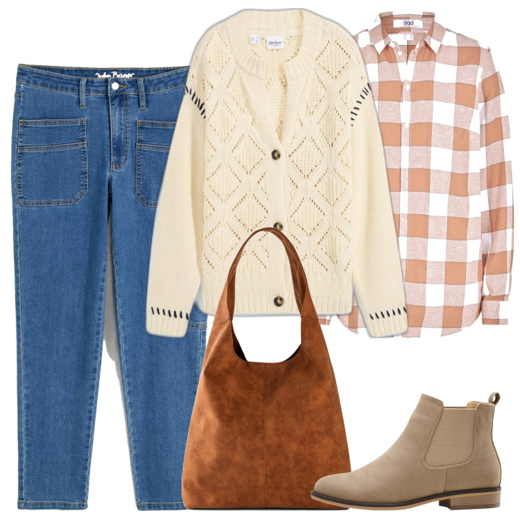 Outfit donna - Jeans e cardigan. Stile Basic per Tutti i giorni. Abbinamento con stivaletti chelsea, cardigans, jeans, shopping bag, camicie.