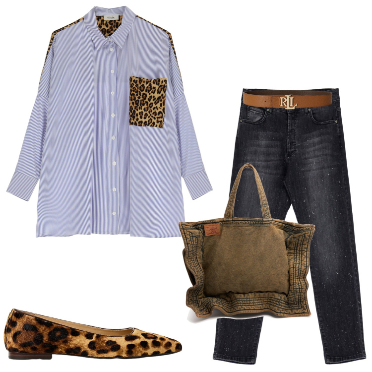 Outfit donna - Dettaglio animalier. Stile Casual chic per Serata fuori. Abbinamento con jeans, camicie, cinture, ballerine, shopping bag.