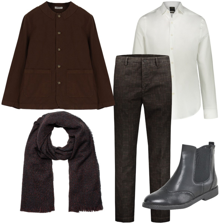 Outfit uomo - Eleganza autunnale. Stile Business/Elegante per Serata speciale. Abbinamento con stivali e stivaletti, giacche, camicie, sciarpe, pantaloni.