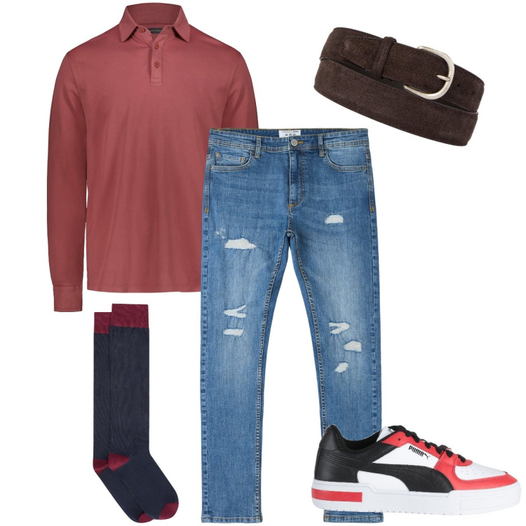 Outfit uomo - La cintura scamosciata. Stile Casual per Ufficio. Abbinamento con sneakers, jeans strappati, cinture, polo, calzini.