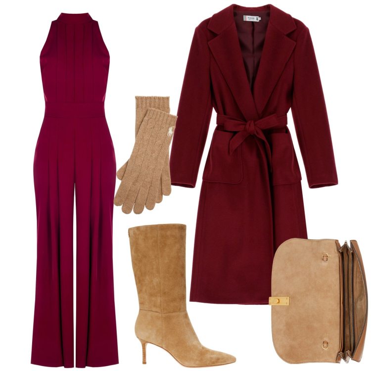 Outfit donna - Burgundy e biscotto. Stile Bon Ton per Ufficio. Abbinamento con tute, cappotti, guanti, stivali, clutch.