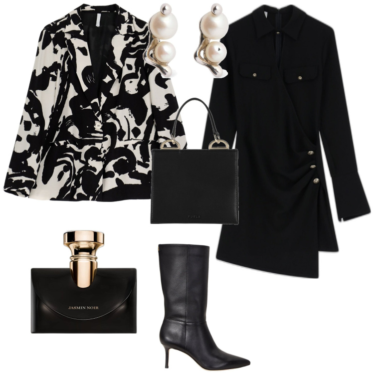 Outfit donna - Total look #1962512. Stile Chic per Serata fuori. Abbinamento con borse a mano, profumi, vestiti asimmetrici, blazer, stivali, orecchini.