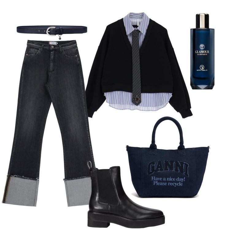Outfit donna - Aperitivo con gli amici. Stile Trendy per Tutti i giorni. Abbinamento con felpe, profumi, jeans dritti, stivaletti chelsea, cinture, shopping bag.