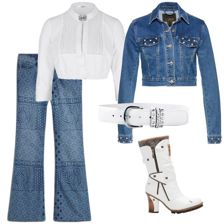 Outfit donna - Bianco e denim. Stile Casual chic per Tutti i giorni. Abbinamento con cinture, jeans a zampa, blazer, camicie, stivali.