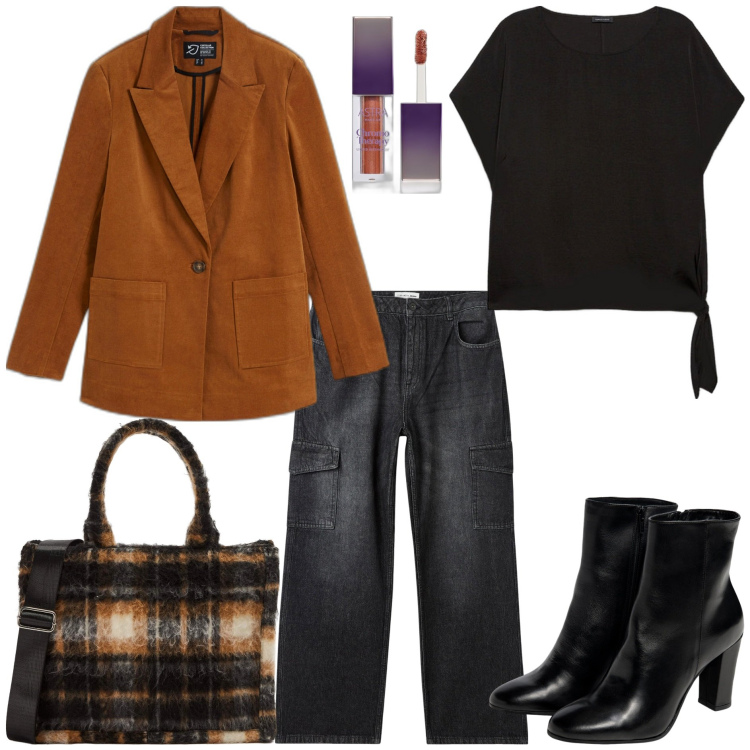Outfit donna - Tabacco e nero. Stile Minimal per Tutti i giorni. Abbinamento con blazer, ombretti, shopping bag, jeans, stivaletti, bluse.
