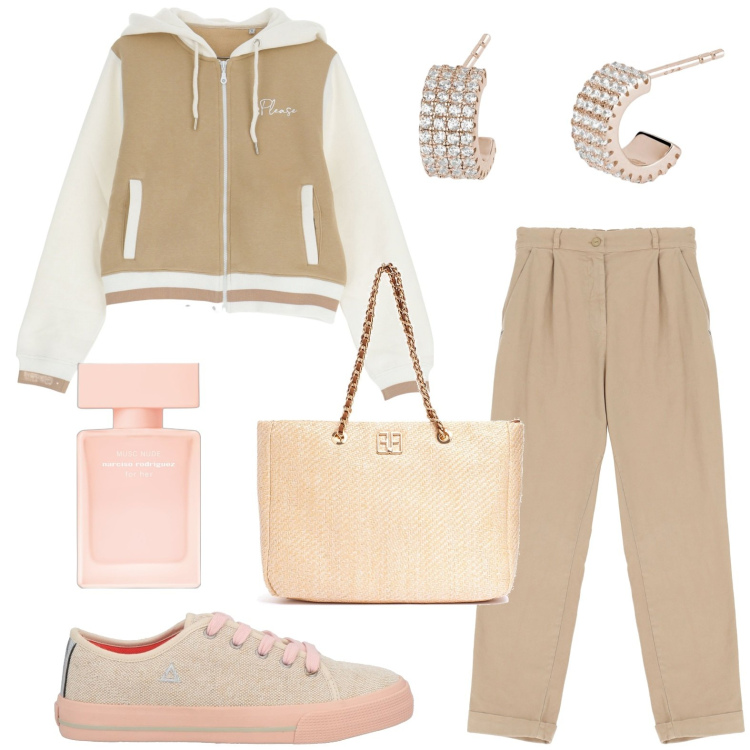 Outfit donna - Total look #1962528. Stile Casual per Tutti i giorni. Abbinamento con sneakers, profumi, orecchini, pantaloni chino, felpe con cappuccio, borse a spalla.