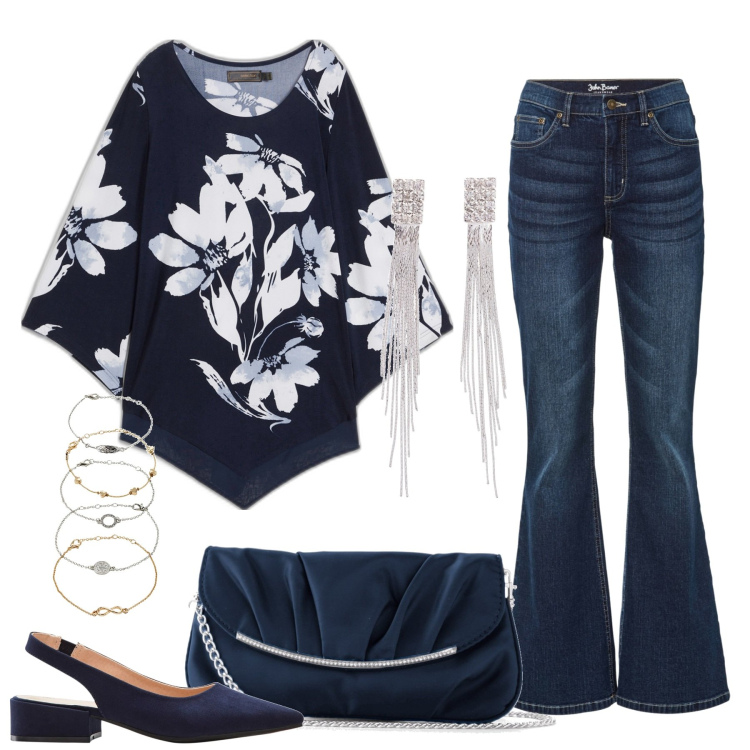 Outfit donna - La blusa a fiori. Stile Casual chic per Tutti i giorni. Abbinamento con jeans a zampa, maglieria, décolleté, orecchini, pochette, braccialetti con ciondoli.