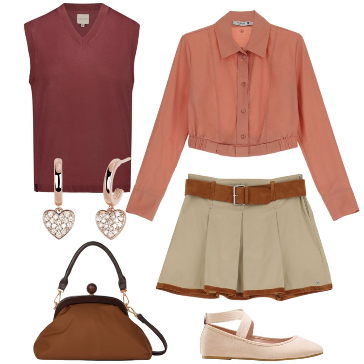 Outfit donna - Total look #1962539. Stile Preppy per Tutti i giorni. Abbinamento con ballerine, orecchini, minigonne, camicie, clutch, gilet.