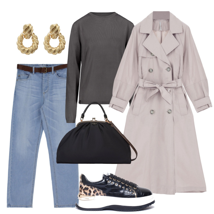 Outfit donna - Fall winter 2024. Stile Casual chic per Tutti i giorni. Abbinamento con trench, orecchini, jeans slim fit, sneakers, pullovers, borse a tracolla.
