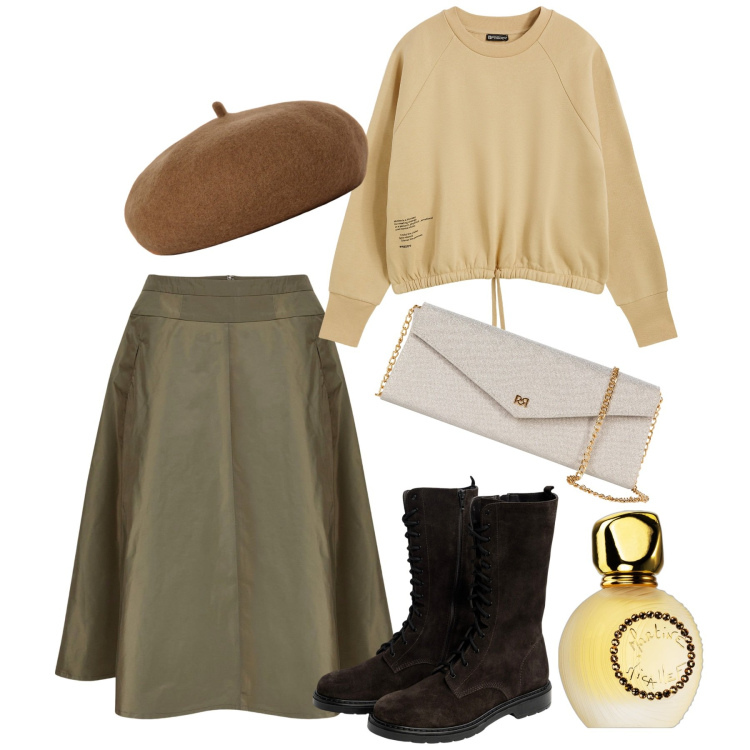 Outfit donna - Fall winter 2024. Stile Chic per Serata fuori. Abbinamento con profumi, pochette, felpe, gonne, cappelli e berretti, stivaletti.