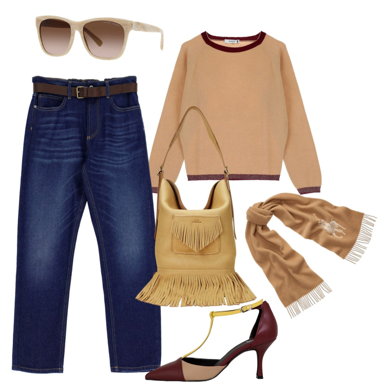 Outfit donna - Secchiello con frangia. Stile Casual chic per Tutti i giorni. Abbinamento con pullovers, jeans dritti, décolleté, occhiali da sole, borse a secchiello, sciarpe.