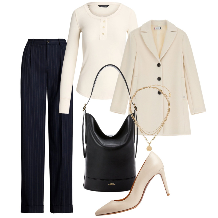 Outfit donna - Il secchiello nero. Stile Bon Ton per Ufficio. Abbinamento con cappotti, ciondoli, borse a secchiello, t-shirt, pantaloni, décolleté.