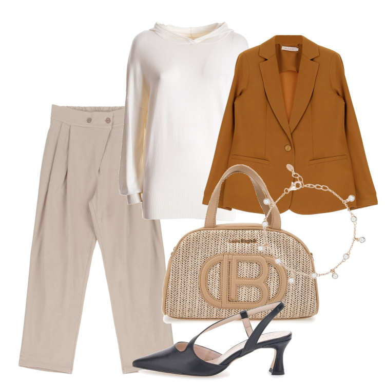 Outfit donna - Bon ton in ufficio. Stile Bon Ton per Ufficio. Abbinamento con braccialetti, maglieria, blazer, pantaloni, décolleté, borse a mano.