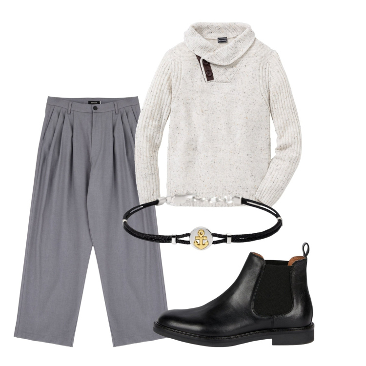 Outfit uomo - Linee ampie. Stile Trendy per Tutti i giorni. Abbinamento con maglieria, braccialetti, pantaloni, stivali e stivaletti.