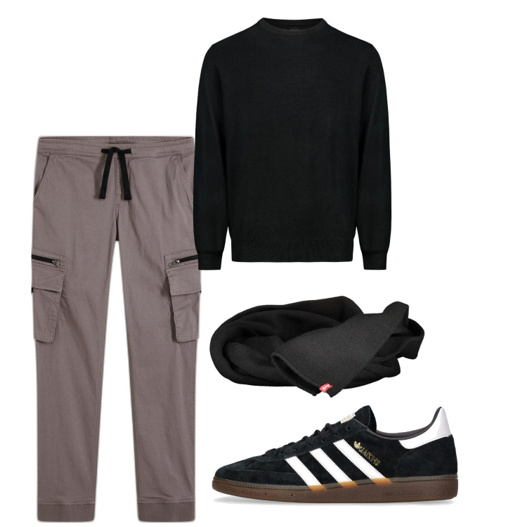 Outfit uomo - Noir. Stile Urban per Serata speciale. Abbinamento con pantaloni cargo, maglieria, sneakers, sciarpe.