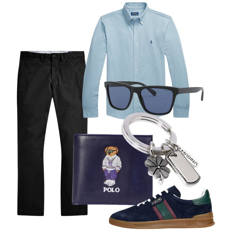 Outfit uomo - Accessori mania. Stile Casual per Tutti i giorni. Abbinamento con portachiavi, pantaloni, occhiali da sole, camicie, sneakers, portafogli.