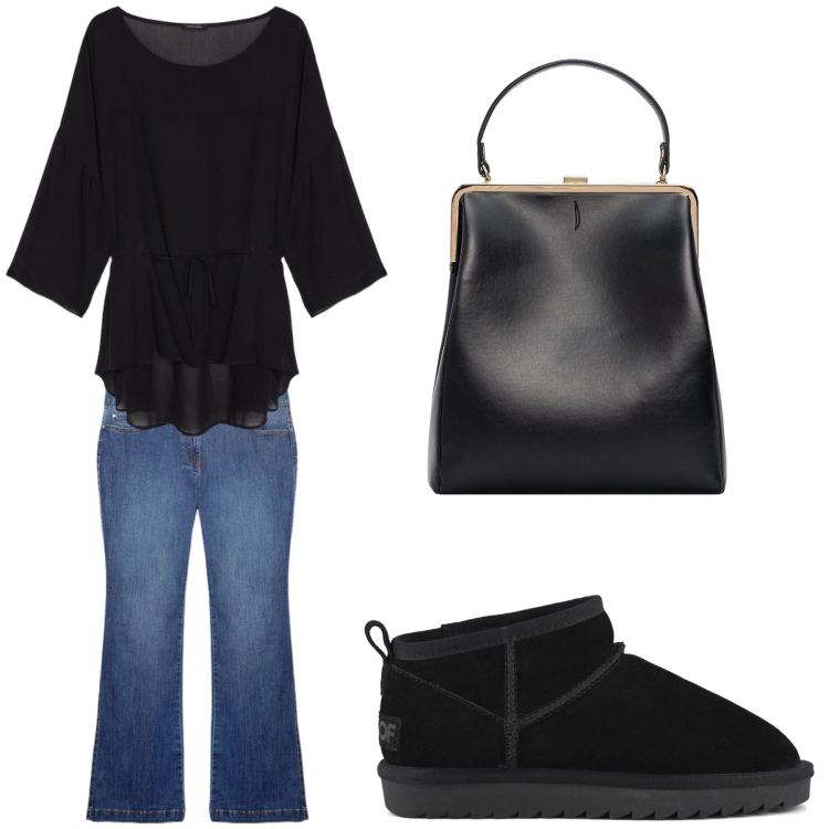 Outfit donna - Aperitivo. Stile Casual chic per Tutti i giorni. Abbinamento con stivali, bluse, borse a spalla, jeans a zampa.