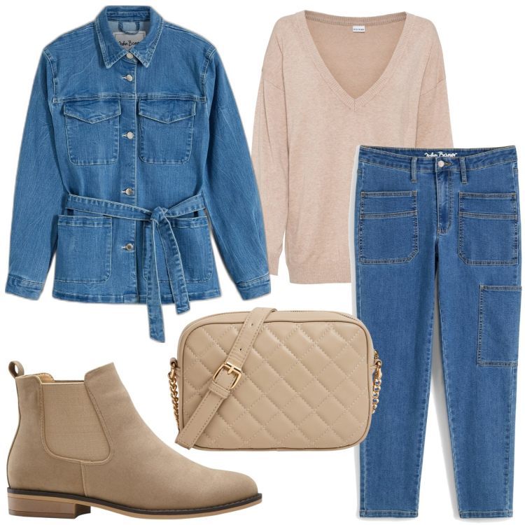 Outfit donna - Giacca in denim con cintura. Stile Minimal per Tutti i giorni. Abbinamento con maglieria, stivaletti chelsea, jeans, blazer, borse a tracolla.
