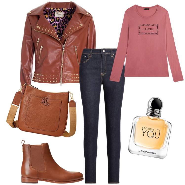 Outfit donna - You rock. Stile Rock per Tutti i giorni. Abbinamento con profumi, blazer, t-shirt, borse a tracolla, stivaletti chelsea, jeans skinny.