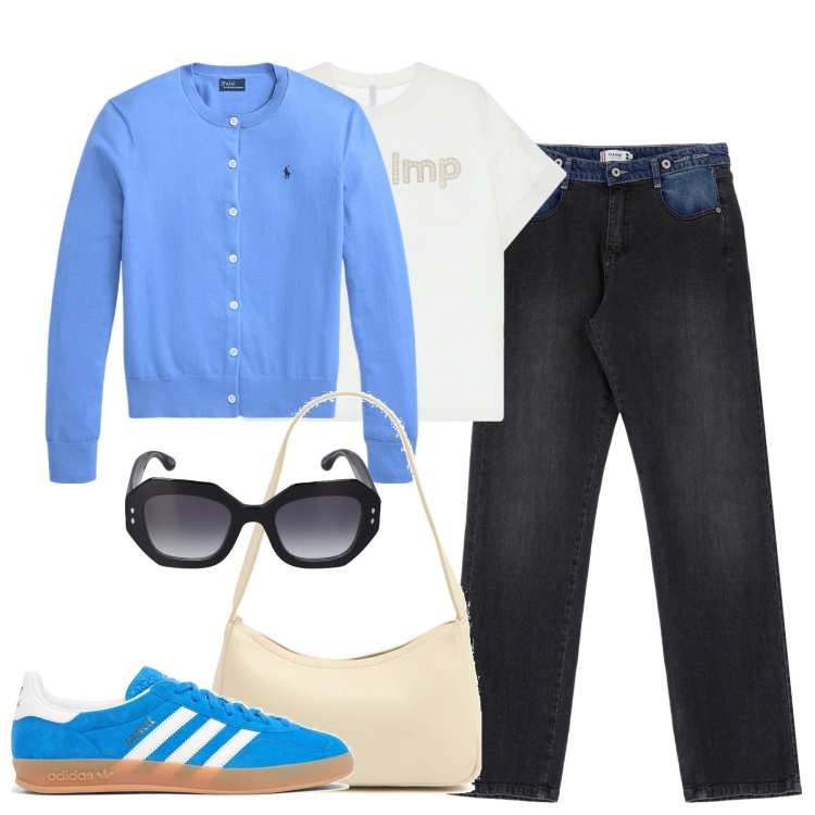 Outfit donna - City. Stile Urban per Tutti i giorni. Abbinamento con jeans dritti, t-shirt, cardigans, sneakers, occhiali da sole, borse a spalla.