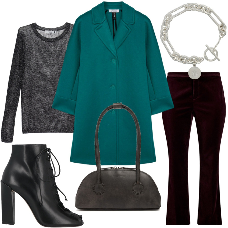 Outfit donna - Stivaletti stringati con cappotto. Stile Minimal per Ufficio. Abbinamento con stivaletti, pullovers, braccialetti, pantaloni, cappotti, borse a spalla.