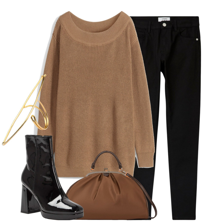 Outfit donna - City. Stile Basic per Tutti i giorni. Abbinamento con maglieria, pantaloni skinny, stivaletti, borse a spalla, anelli.