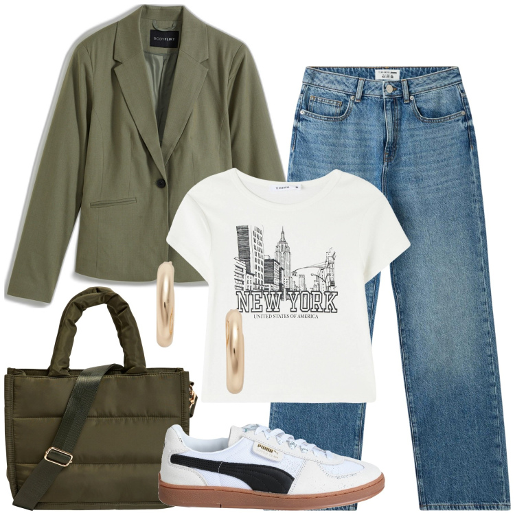 Outfit donna - City. Stile Casual per Tutti i giorni. Abbinamento con blazer, sneakers, t-shirt, jeans dritti, shopping bag, orecchini.