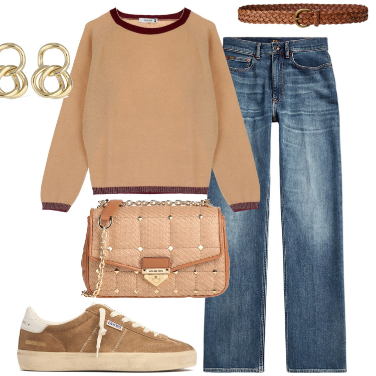 Outfit donna - City. Stile Urban per Tutti i giorni. Abbinamento con borse a tracolla, pullovers, cinture, jeans dritti, orecchini, sneakers.