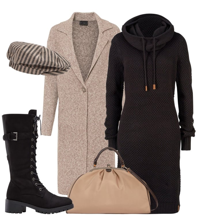 Outfit donna - City. Stile Urban per Tutti i giorni. Abbinamento con vestiti, cappotti, stivali, cappelli, borse a spalla.