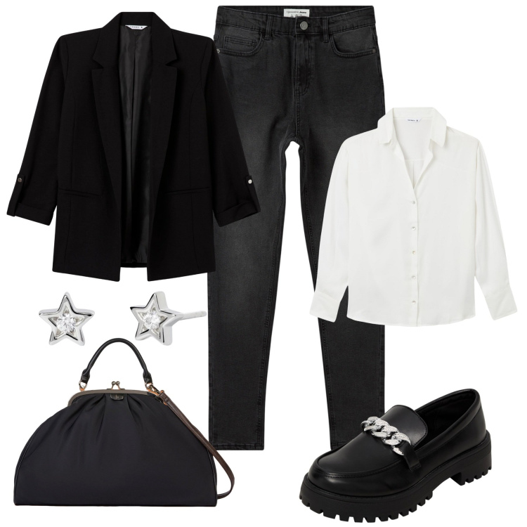 Outfit donna - Blazer e jeans curvy style. Stile Casual per Ufficio. Abbinamento con jeans skinny, mocassini, blazer, camicie, orecchini, borse a tracolla.