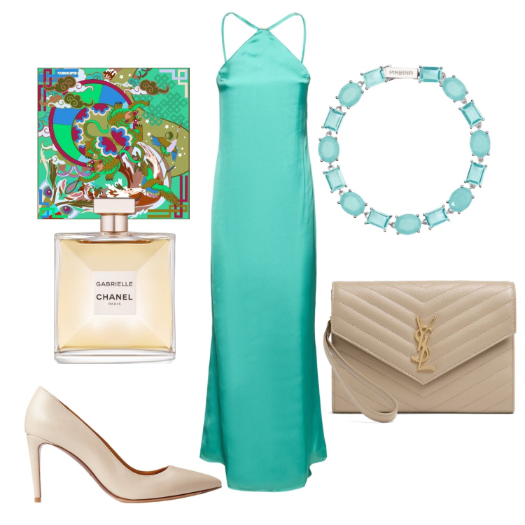 Outfit donna - Total look #1962701. Stile Chic per Cerimonia. Abbinamento con profumi, braccialetti, décolleté, pochette, vestiti, foulard.