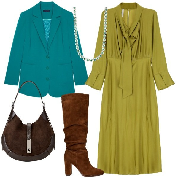 Outfit donna - Camoscio d\'oro. Stile Bon Ton per Ufficio. Abbinamento con collane, vestiti midi/longuette, borse a spalla, stivali, blazer.