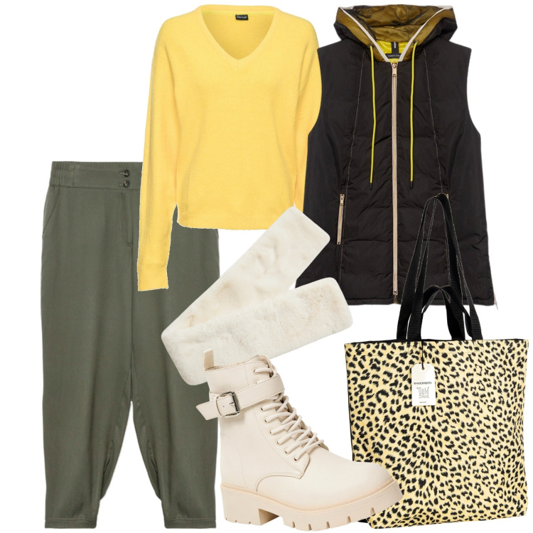 Outfit donna - Total look #1962769. Stile Preppy per Tutti i giorni. Abbinamento con maglieria, anfibi, sciarpe, borse tote, piumini, pantaloni.