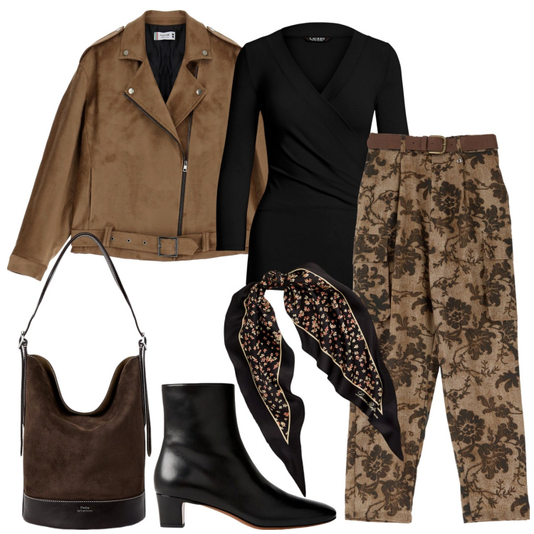 Outfit donna - Total look #1962798. Stile Casual chic per Serata fuori. Abbinamento con blazer, pantaloni chino, top, borse a secchiello, stivaletti, foulard.