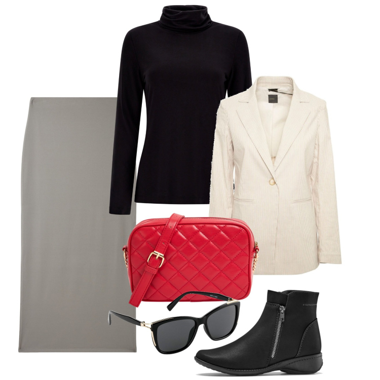 Outfit donna - Fine settembre. Stile Bon Ton per Ufficio. Abbinamento con occhiali da sole, stivaletti, gonne lunghe, borse a tracolla, maglieria, blazer.