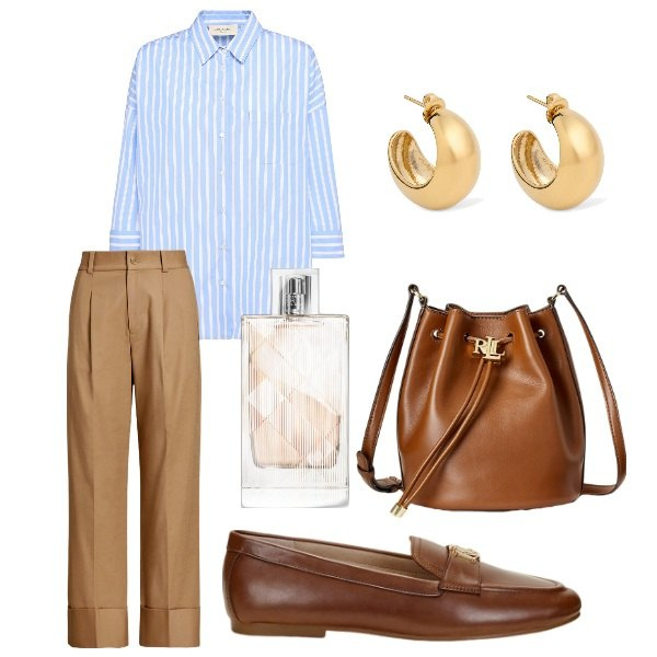 Outfit donna - i mocassini. Stile Basic per Ufficio. Abbinamento con profumi, pantaloni, borse a secchiello, mocassini, camicie, orecchini.