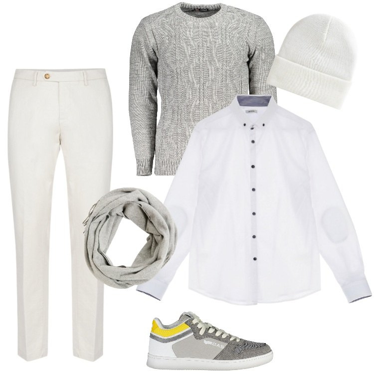 Outfit uomo - Total look #1962819. Stile Trendy per Ufficio. Abbinamento con sciarpe, berretti, camicie, scarpe sportive, maglieria, pantaloni chino.