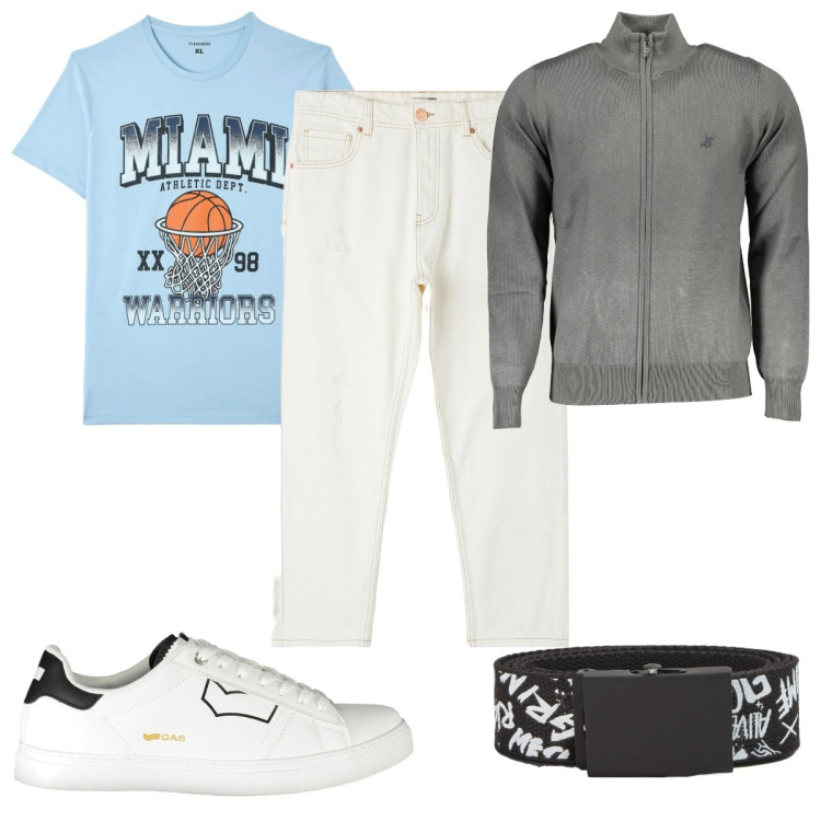 Outfit uomo - Total look #1962820. Stile Trendy per Tutti i giorni. Abbinamento con jeans strappati, cinture, t-shirt, cardigans, sneakers.