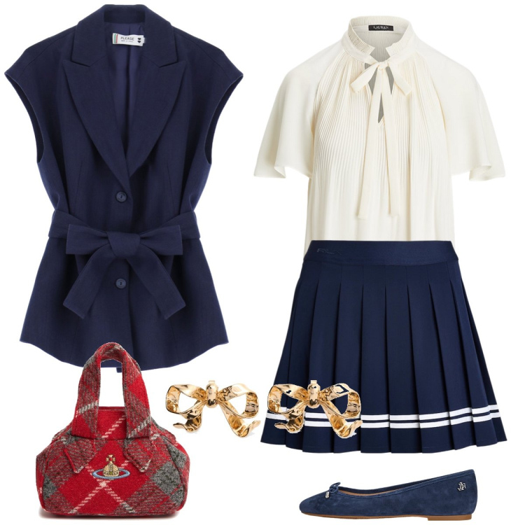 Outfit donna - Total look #1962821. Stile Preppy per Tutti i giorni. Abbinamento con gilet, camicie, gonne, ballerine, borse a mano, orecchini.