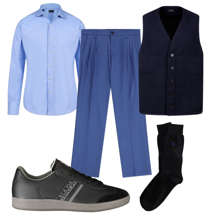 Outfit uomo - Total look #1962830. Stile Casual per Ufficio. Abbinamento con pantaloni, calzini, sneakers, gilet, camicie.
