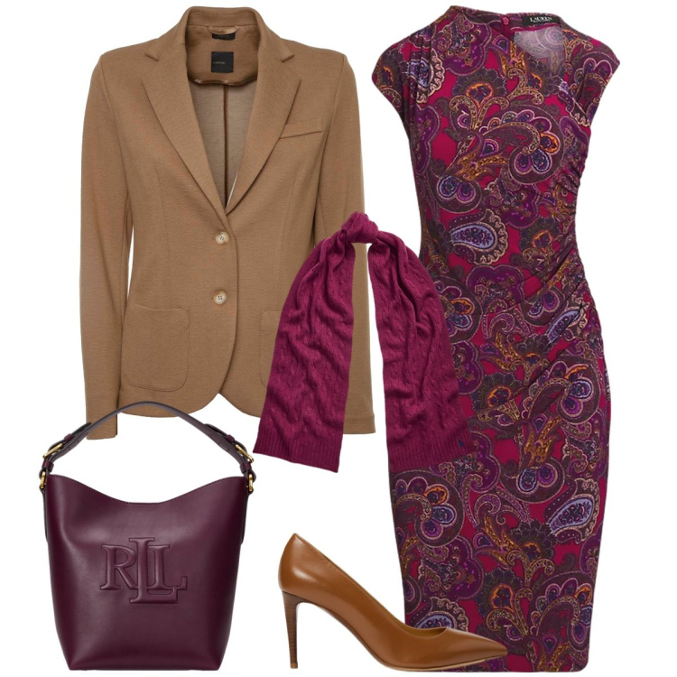 Outfit donna - Total look #1962843. Stile Chic per Tutti i giorni. Abbinamento con décolleté, vestiti asimmetrici, borse a secchiello, sciarpe, blazer.