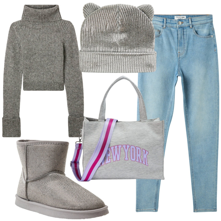 Outfit donna - Total look #1962844. Stile Urban per Scuola/Università. Abbinamento con berretti, stivali, maglieria, jeans skinny, shopping bag.