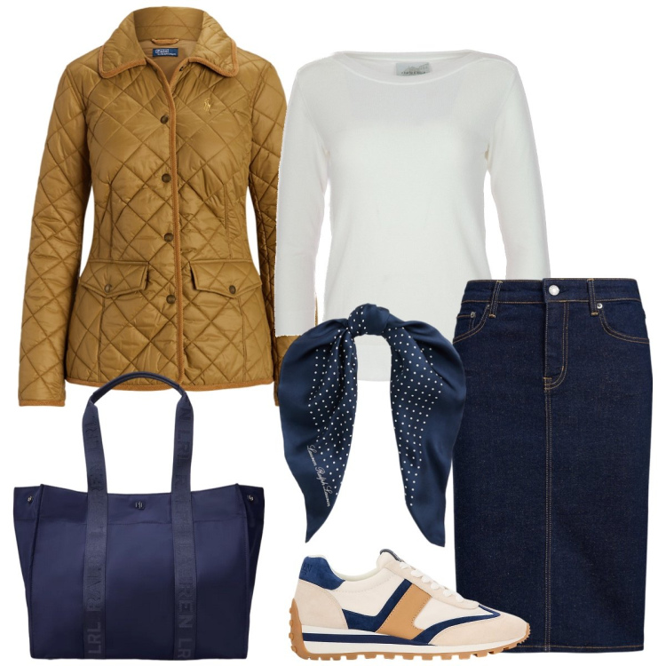 Outfit donna - Total look #1962857. Stile Sporty chic per Tutti i giorni. Abbinamento con foulard, gonne, giacche, sneakers, borse tote, maglieria.