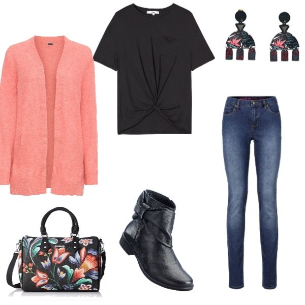 Outfit donna - Urban #8792. Stile Urban Abbinamento con jeans skinny, stivaletti, cardigan, t-shirt con nodi e scollo a maniche corte nero, borsa nero, orecchini a pendolo.