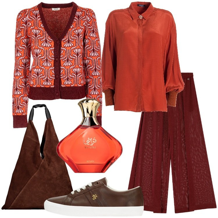 Outfit donna - Fiori stilizzati sul cardigan. Stile Casual chic per Tutti i giorni. Abbinamento con profumi, cardigans, camicie, pantaloni, sneakers, borse a spalla.