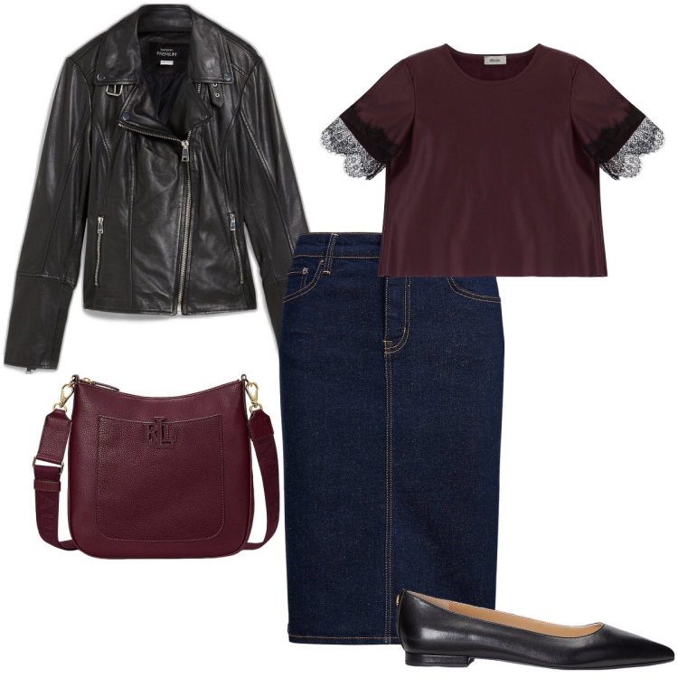 Outfit donna - In ufficio. Stile Casual chic per Ufficio. Abbinamento con blazer, t-shirt, ballerine, gonne, borse a tracolla.