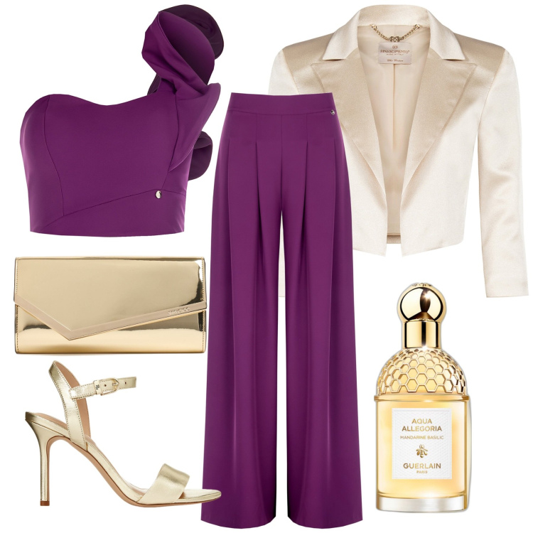 Outfit donna - Evento importante. Stile Glamour per Cerimonia. Abbinamento con profumi, bolero, pantaloni a palazzo, top, sandali in pelle, pochette.