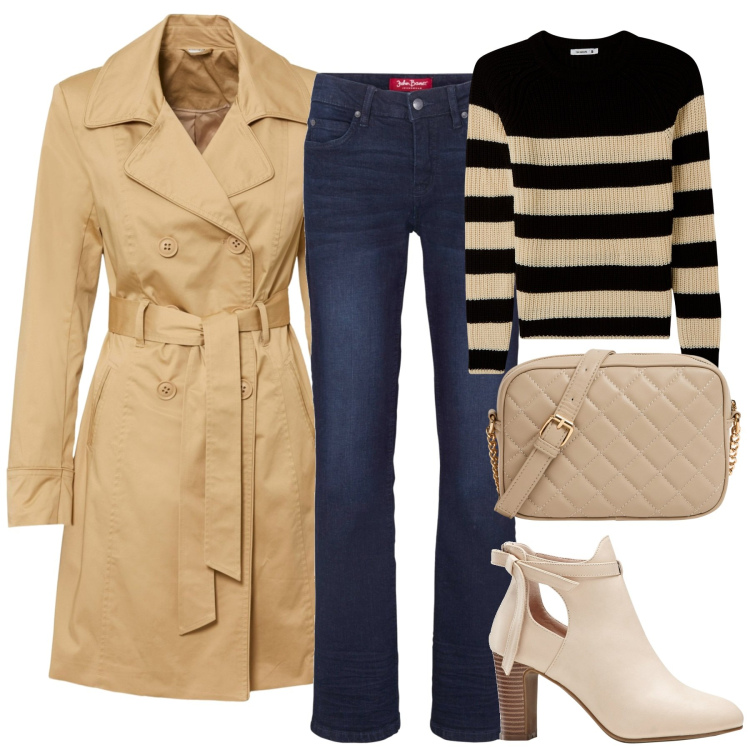 Outfit donna - Il trench per la mezza stagione. Stile Casual chic per Tutti i giorni. Abbinamento con stivaletti, jeans bootcut, trench, borse a tracolla, maglieria.
