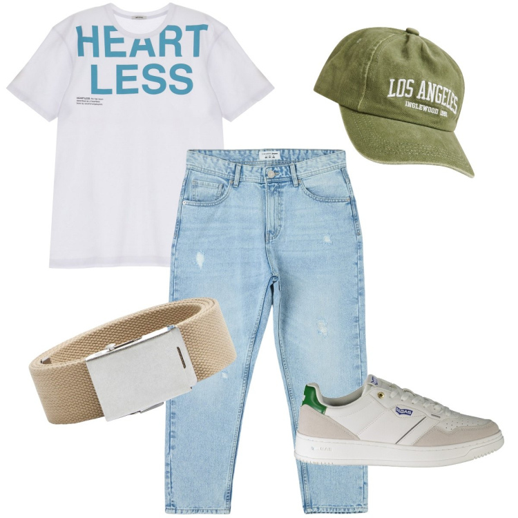 Outfit uomo - Alla fiera della birra. Stile Casual per Tutti i giorni. Abbinamento con jeans strappati, cinture, cappelli, t-shirt, sneakers.